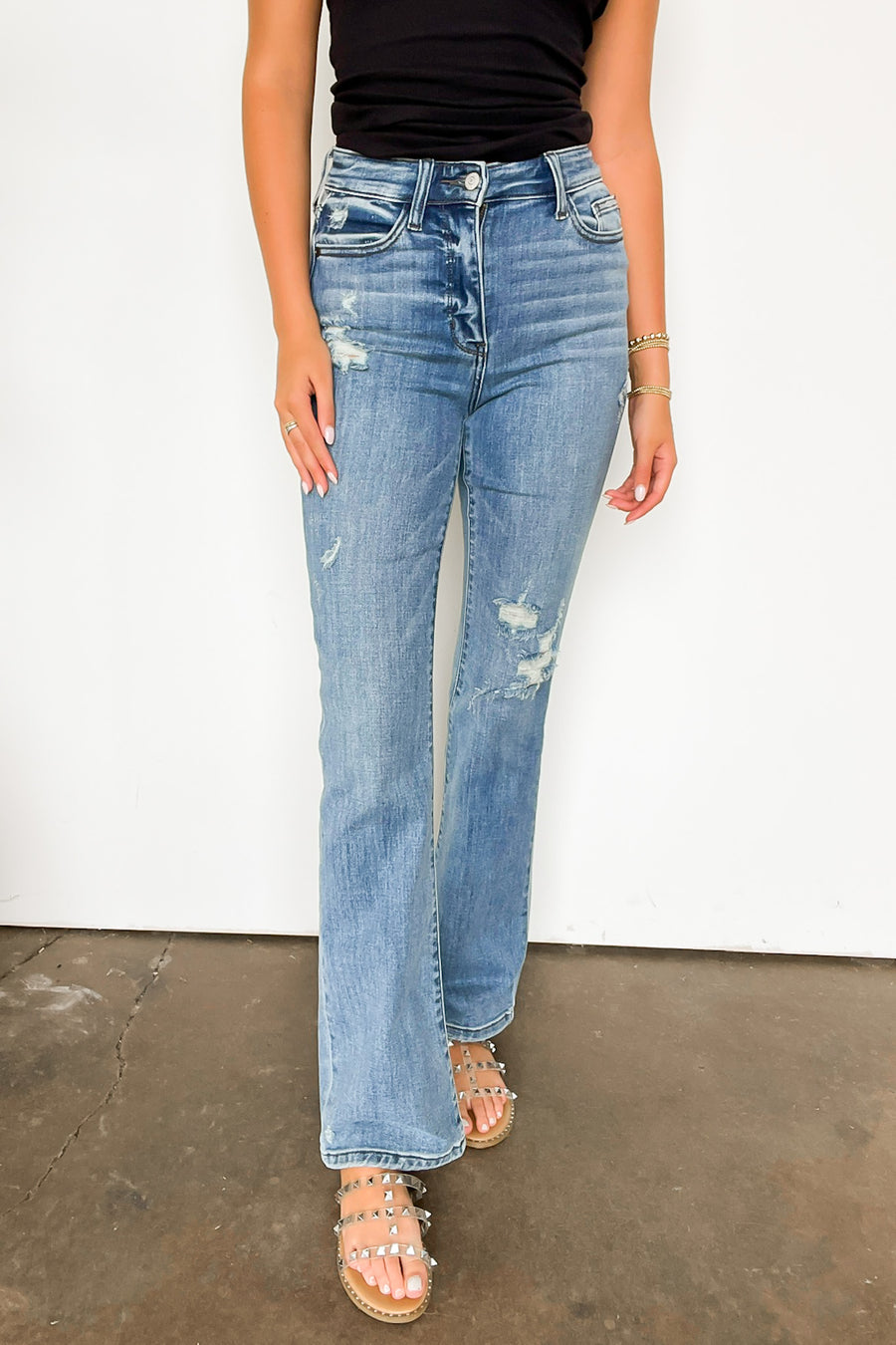 0 / Medium Denim Lorian High Rise Destroyed Bootcut Jeans - JUDY BLUE - Madison and Mallory