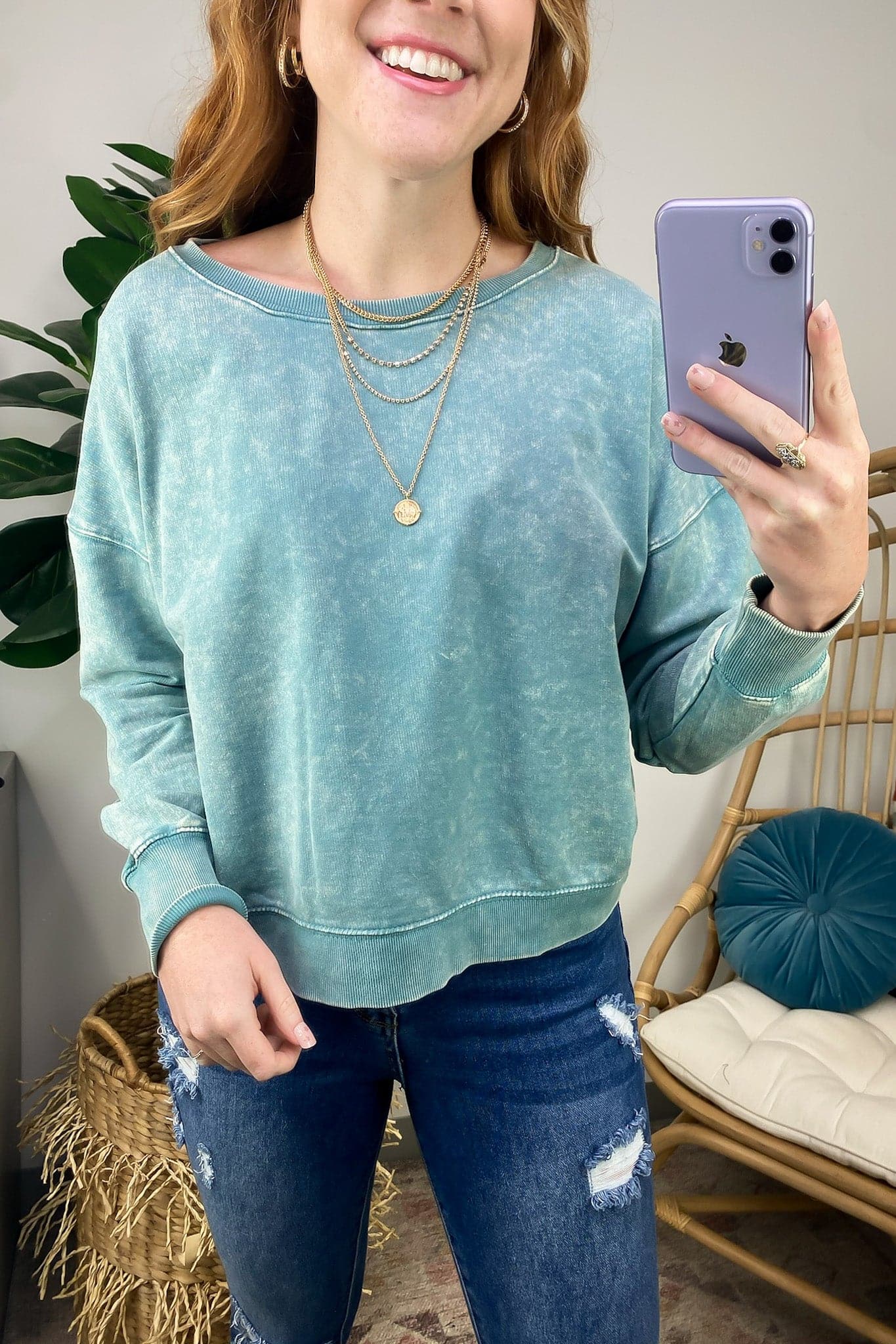  Louetta Acid Wash Boat Neck Pullover - Madison and Mallory