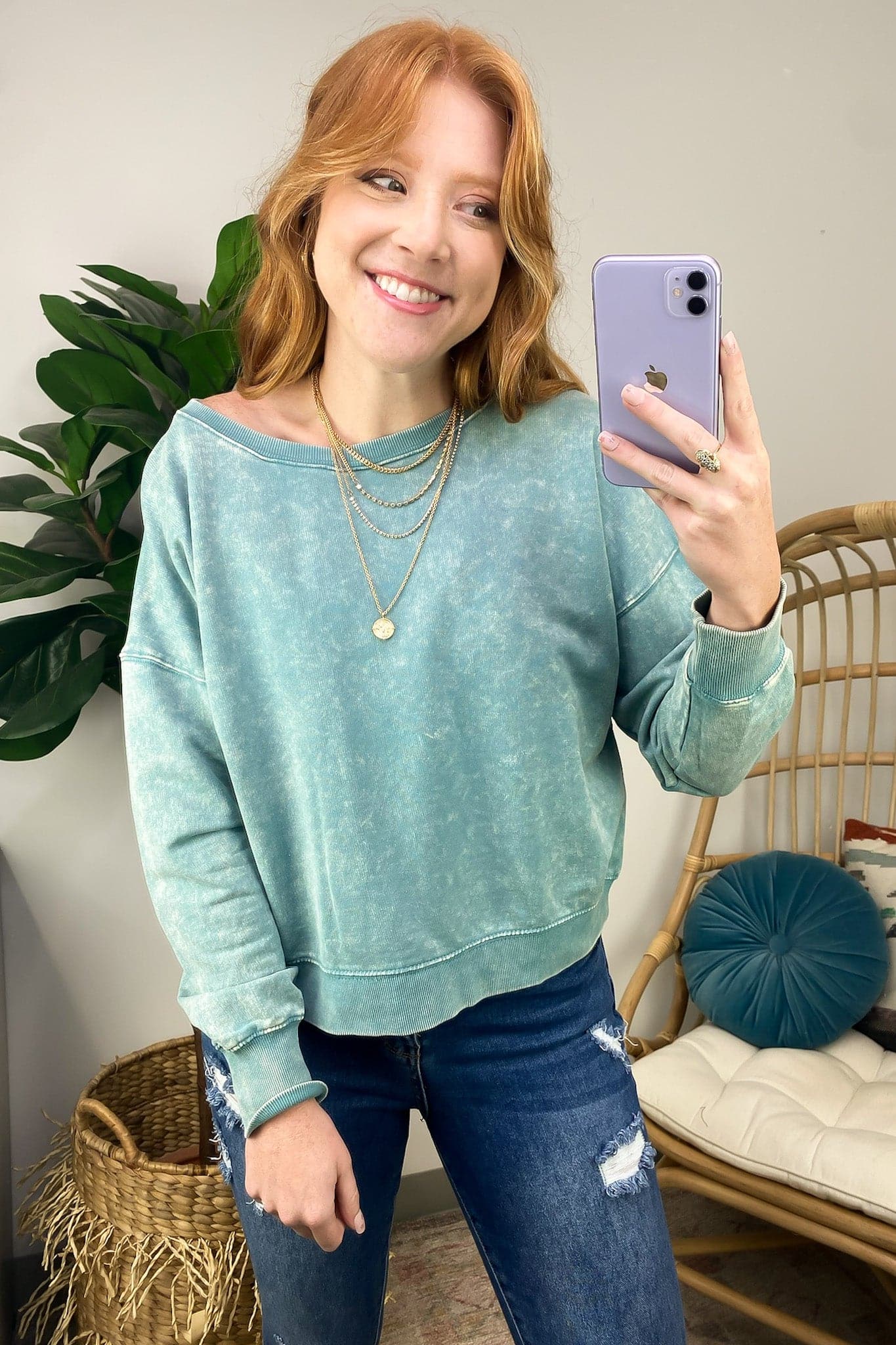  Louetta Acid Wash Boat Neck Pullover - Madison and Mallory