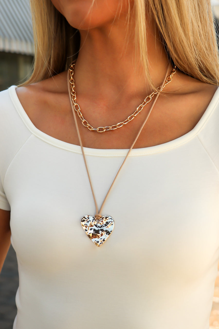 Gold Love Knot Hammered Heart Cord and Chain Layered Necklace - Madison and Mallory