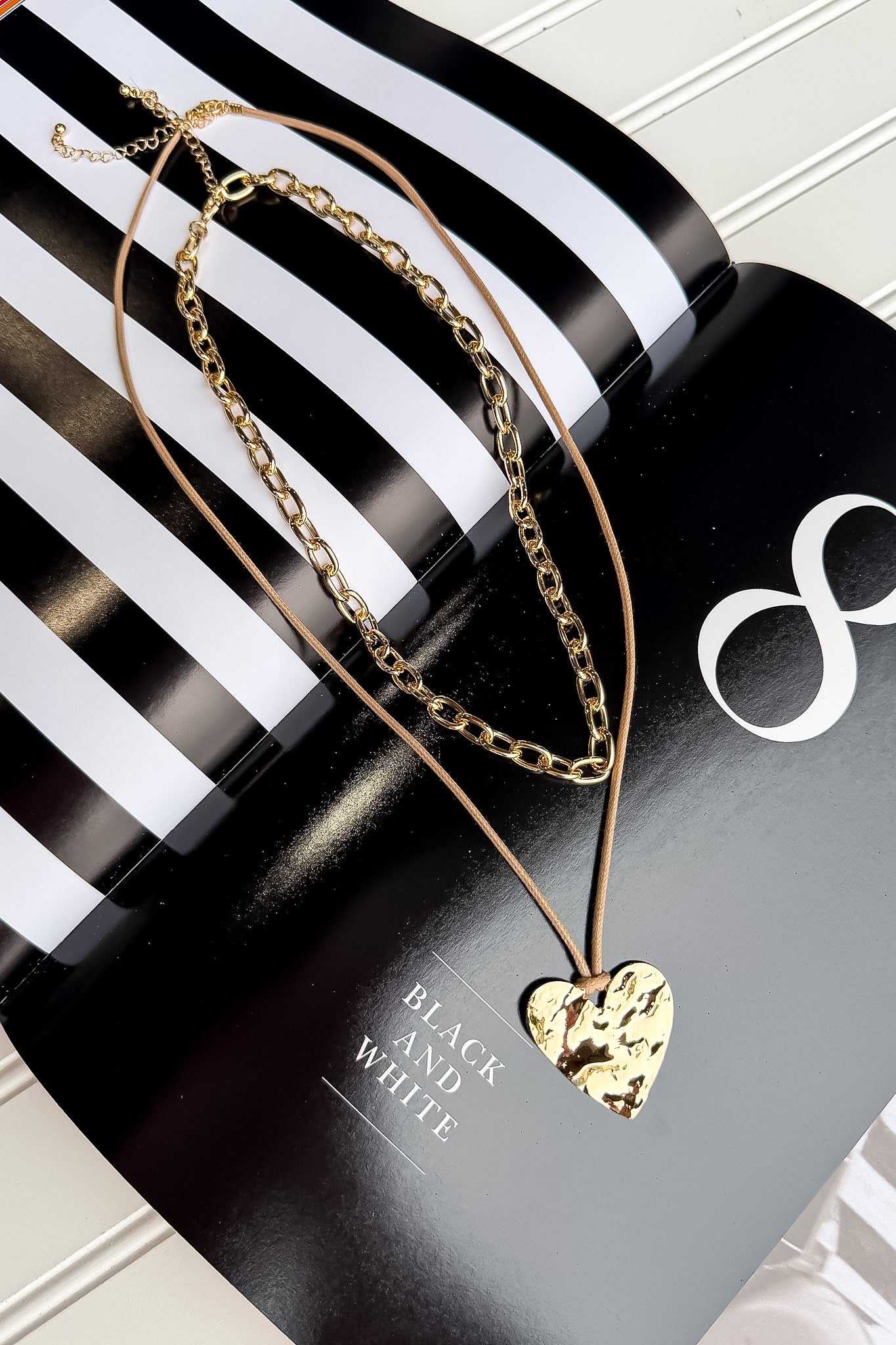Love Knot Hammered Heart Cord and Chain Layered Necklace