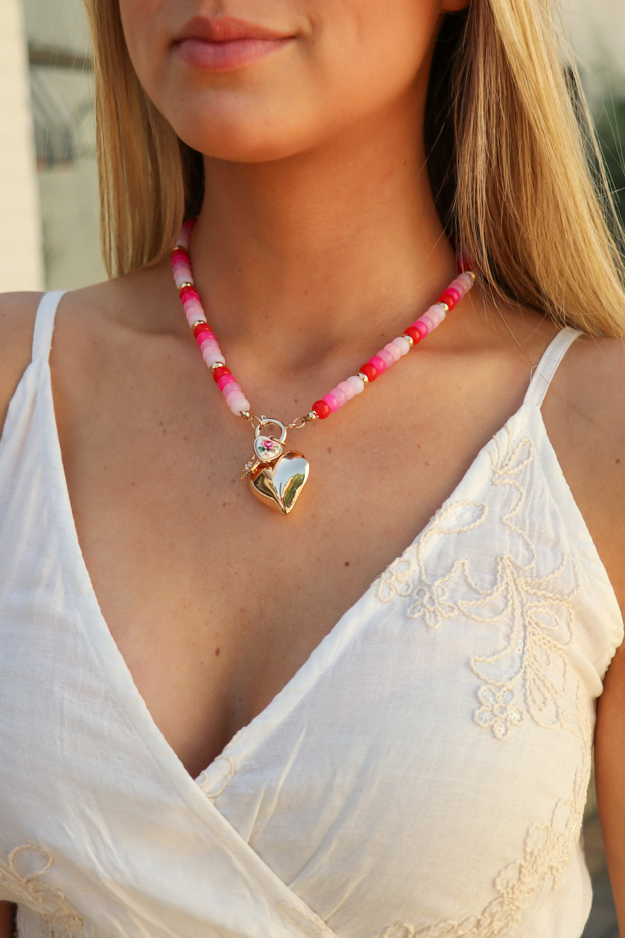 Pink Love Note Beaded Porcelain Heart Charm Necklace - Madison and Mallory