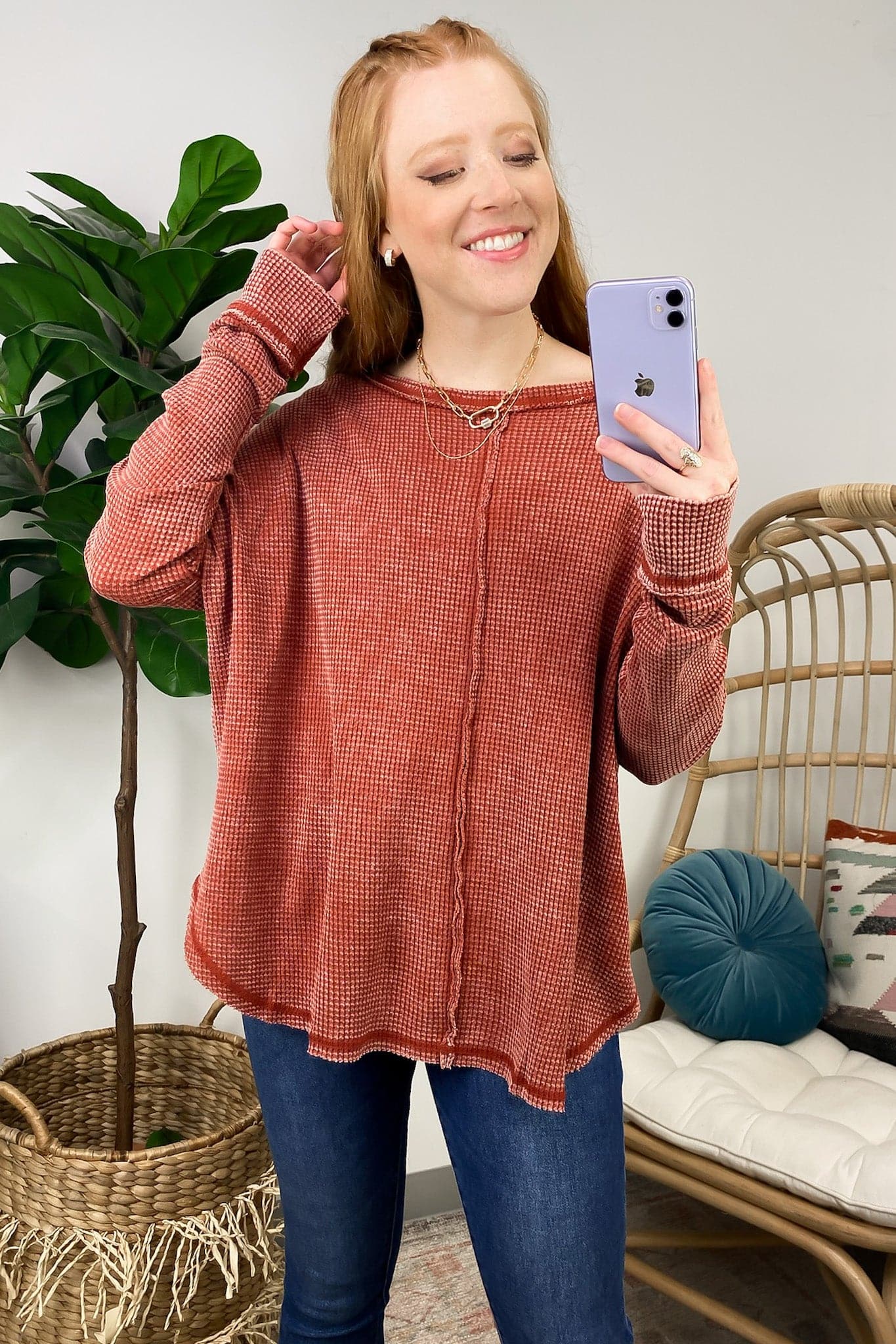 Rust / SM Lovedale Waffle Knit Oversized Top - Madison and Mallory