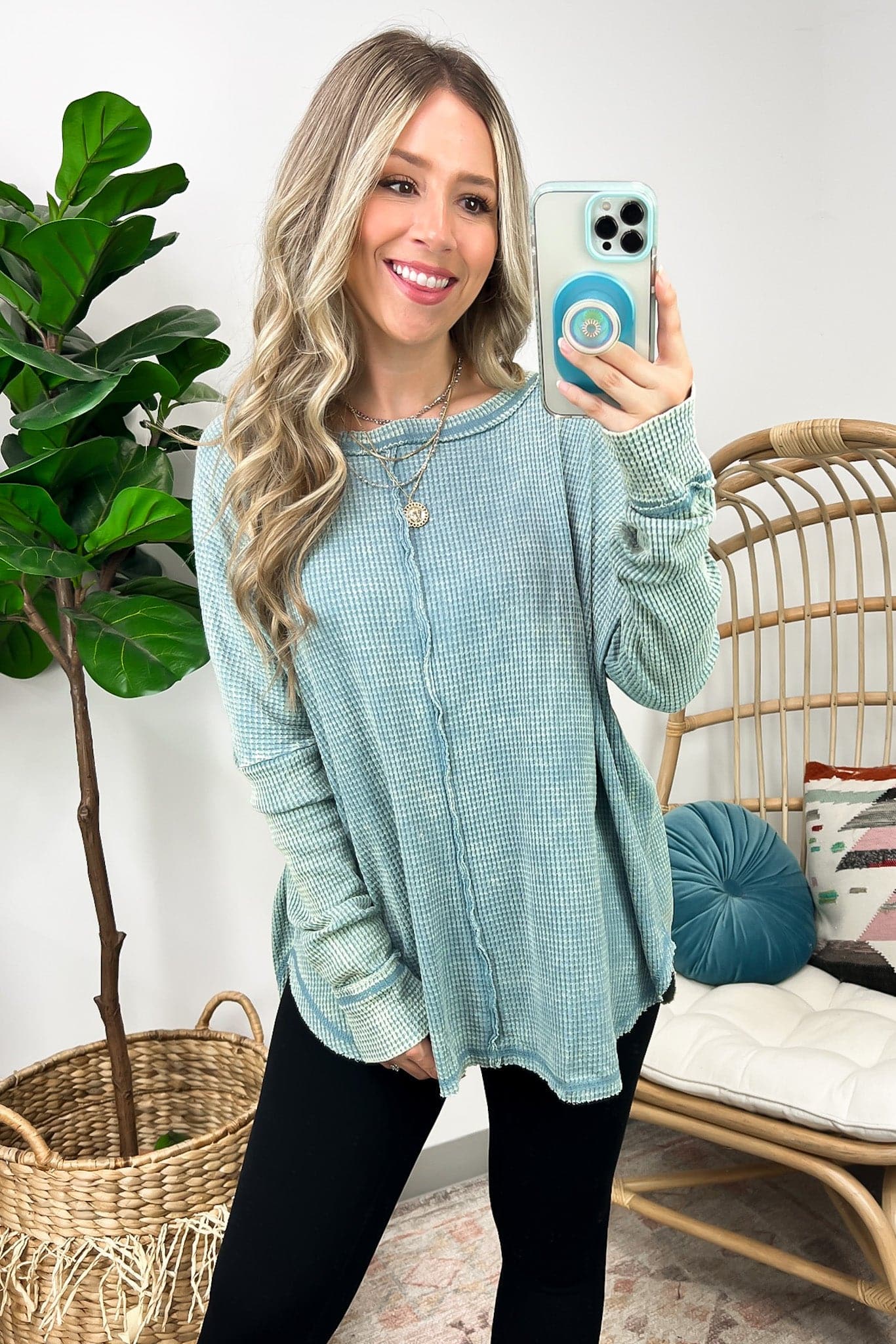 Blue Gray / SM Lovedale Waffle Knit Oversized Top - Madison and Mallory
