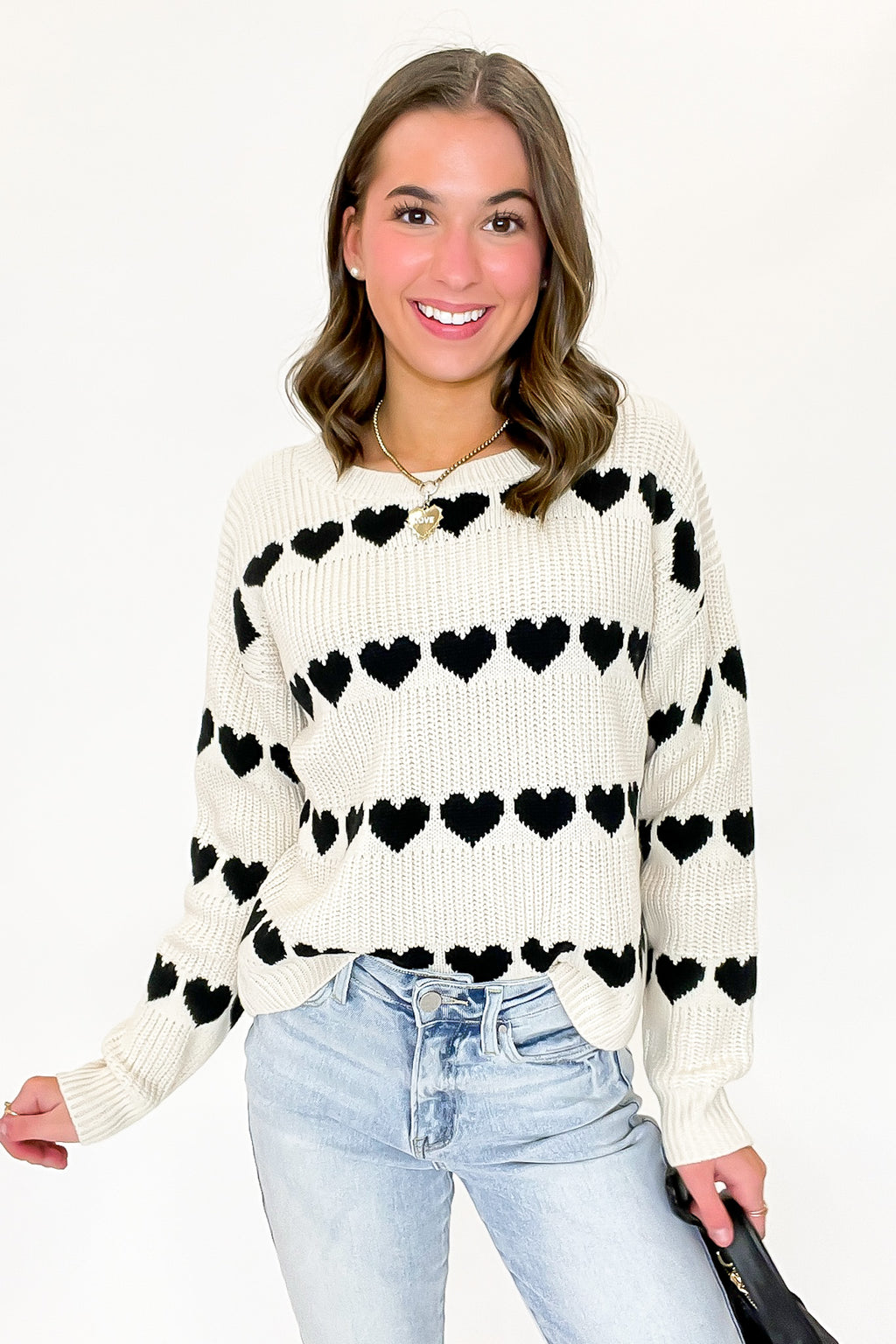 SM / Natural/Black Lovelane Heart Striped Knit Sweater - FINAL SALE - Madison and Mallory