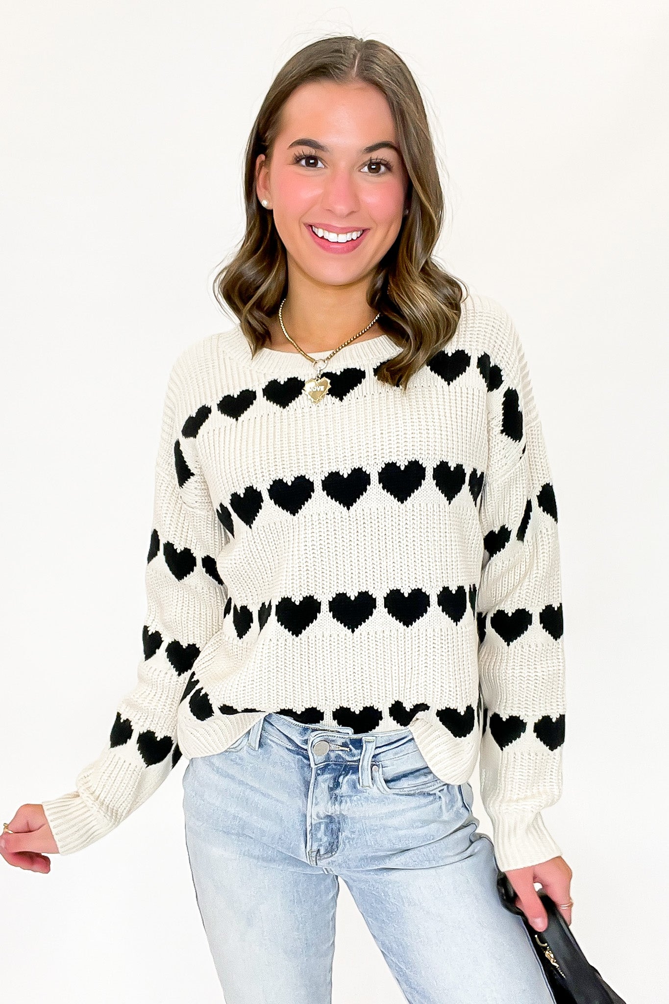 SM / Natural/Black Lovelane Heart Striped Knit Sweater - FINAL SALE - Madison and Mallory