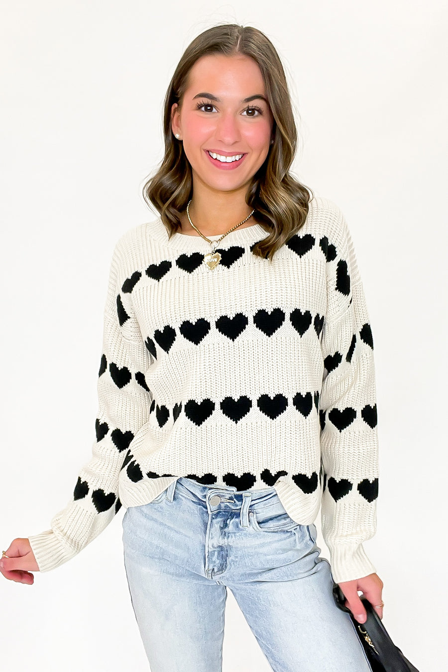 SM / Natural/Black Lovelane Heart Striped Knit Sweater - Madison and Mallory
