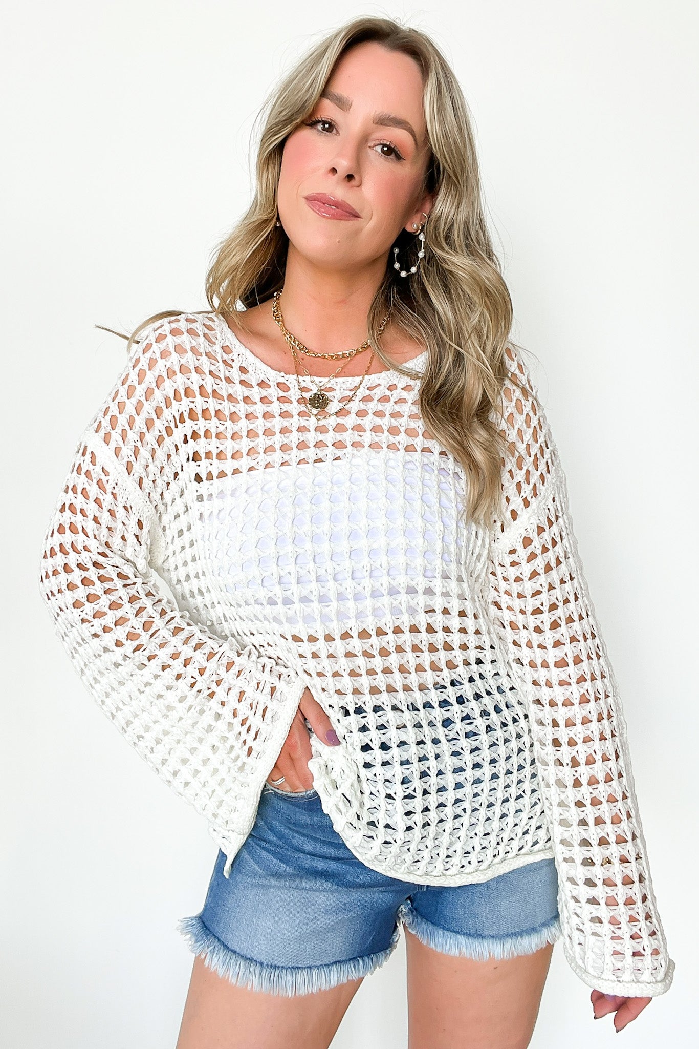 White / S Lovely Crush Crochet Open Knit Pullover - Madison and Mallory