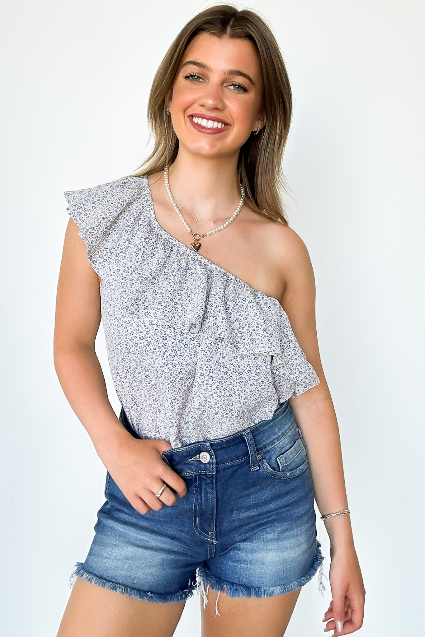 Faded Denim / S Lovely Intent Floral Ruffle One Shoulder Bodysuit - FINAL SALE - Madison and Mallory