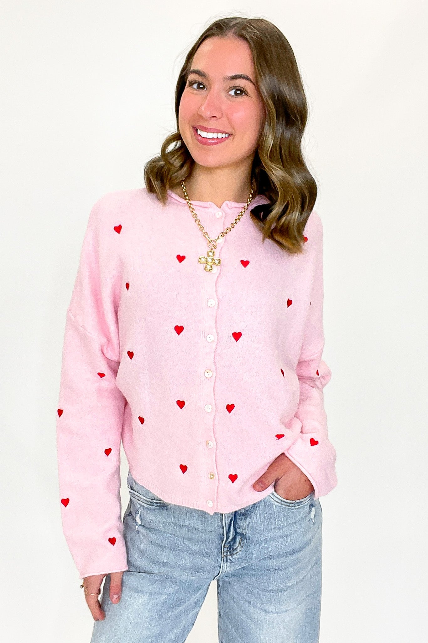 S / Pink/Red Lovespell Heart Embroidered Cardigan Sweater - Madison and Mallory