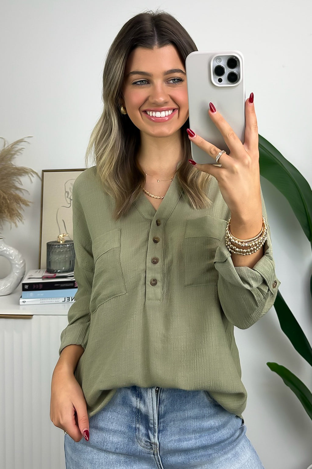 Olive / S Lucien Split Neck Roll Sleeve Top - FINAL SALE - Madison and Mallory