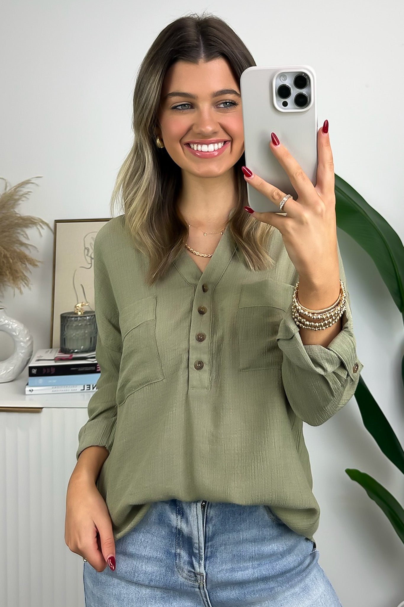 Olive / S Lucien Split Neck Roll Sleeve Top - FINAL SALE - Madison and Mallory