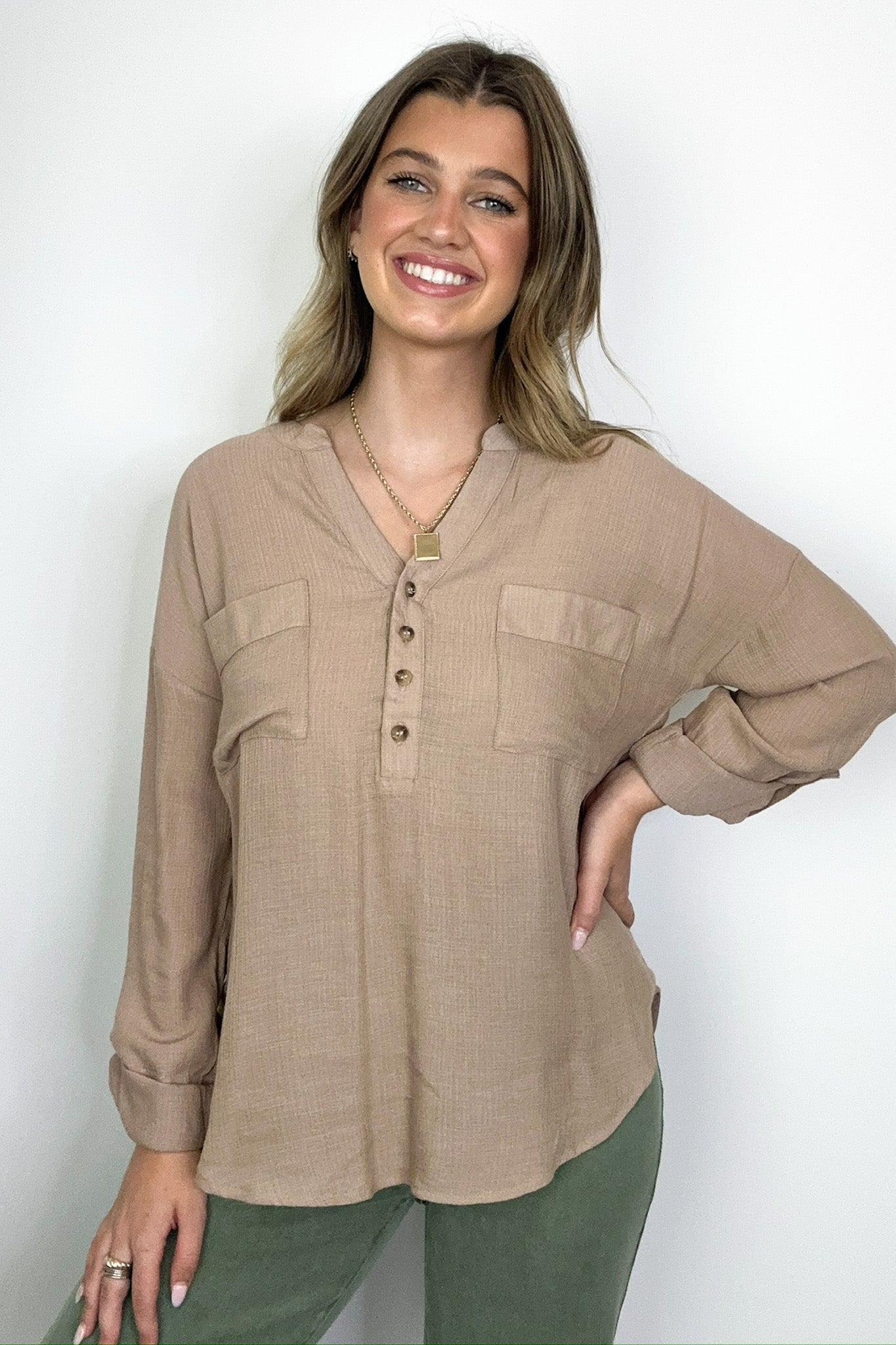 Lucien Split Neck Roll Sleeve Top - FINAL SALE - Madison and Mallory