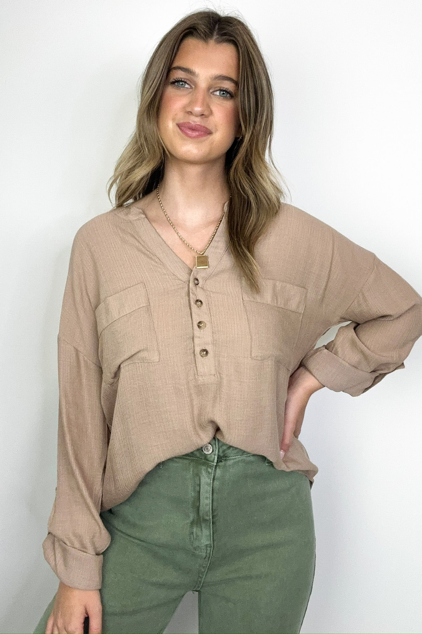 Khaki / S Lucien Split Neck Roll Sleeve Top - FINAL SALE - Madison and Mallory