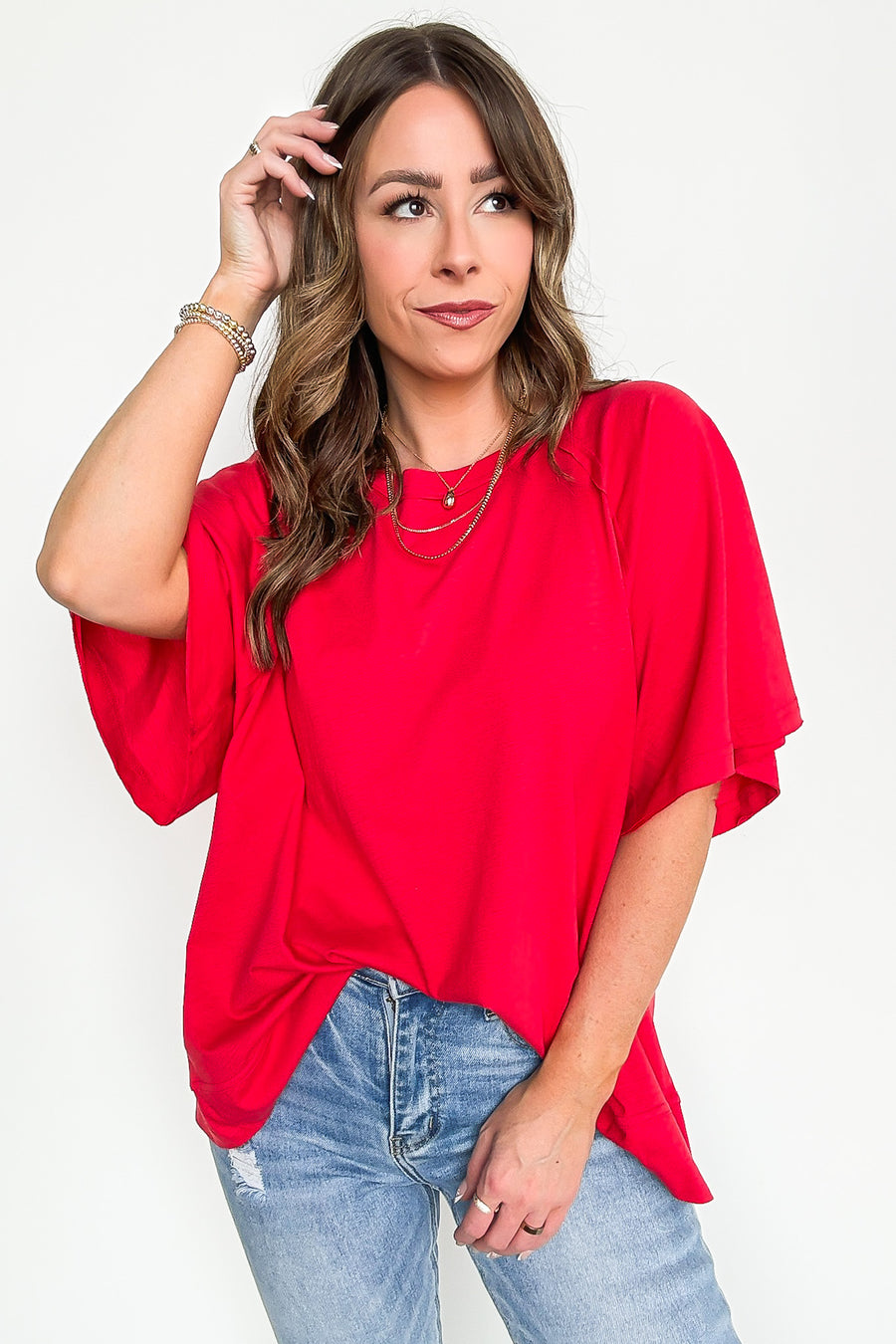 Red / S Lucy Oversized Short Sleeve Top - Madison and Mallory