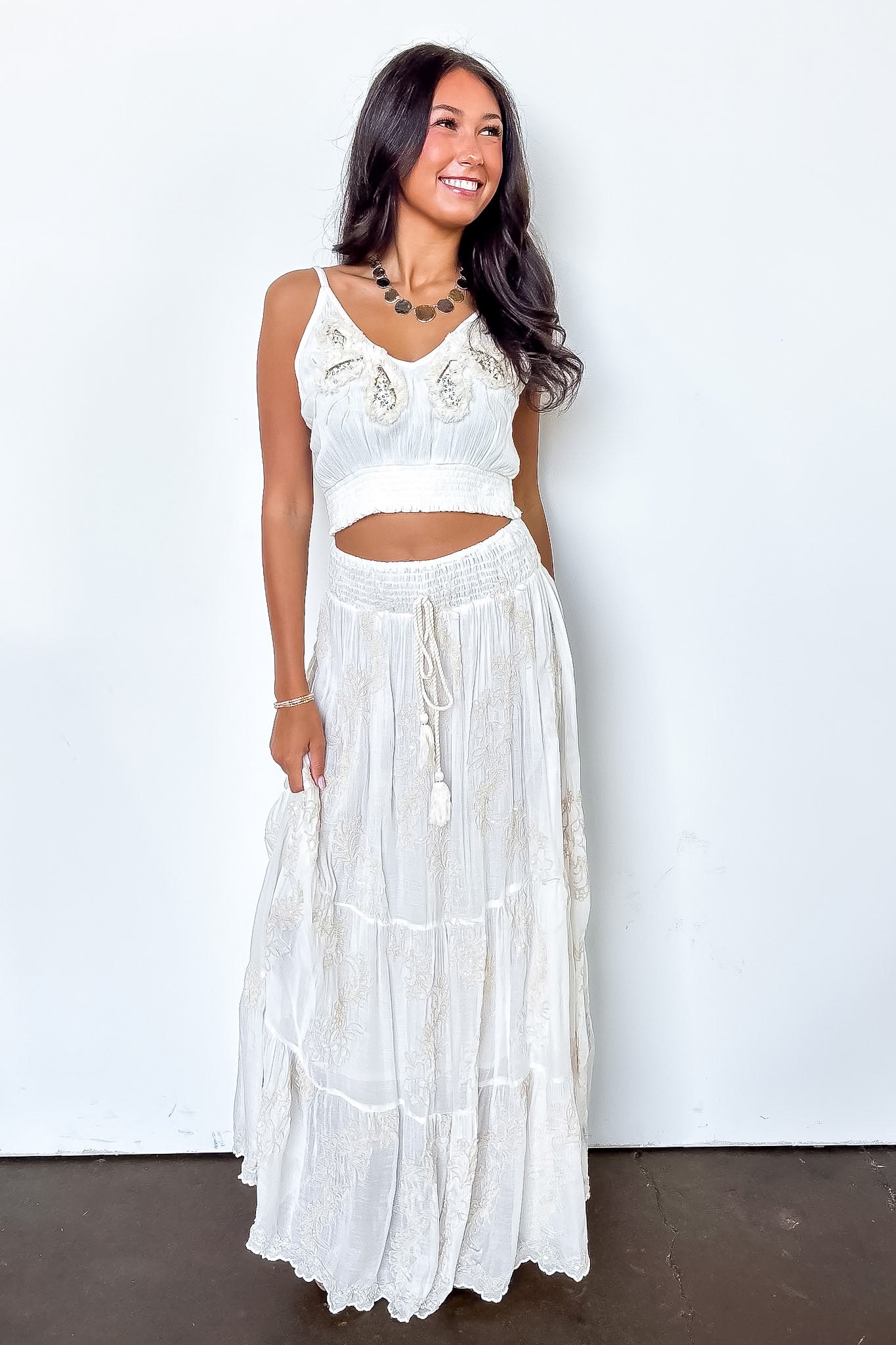 S / Natural Luma Embroidered Tiered Maxi Skirt - Madison and Mallory