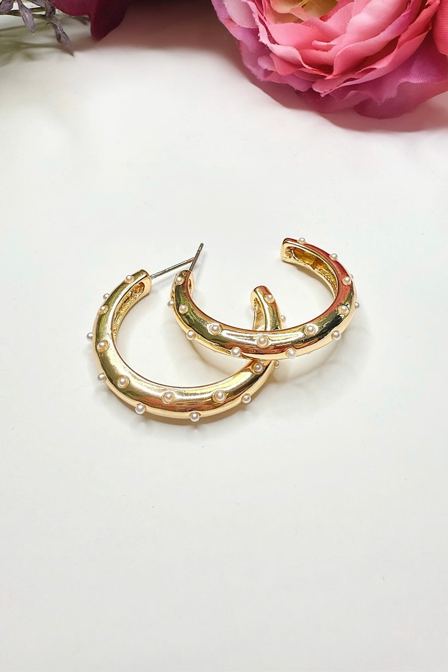 Gold Lustre Loop Pearl Hoop Earrings - Madison and Mallory