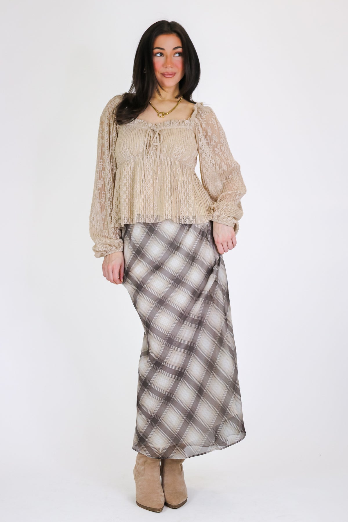 Luxe Whisper Pleated Lace Babydoll Blouse