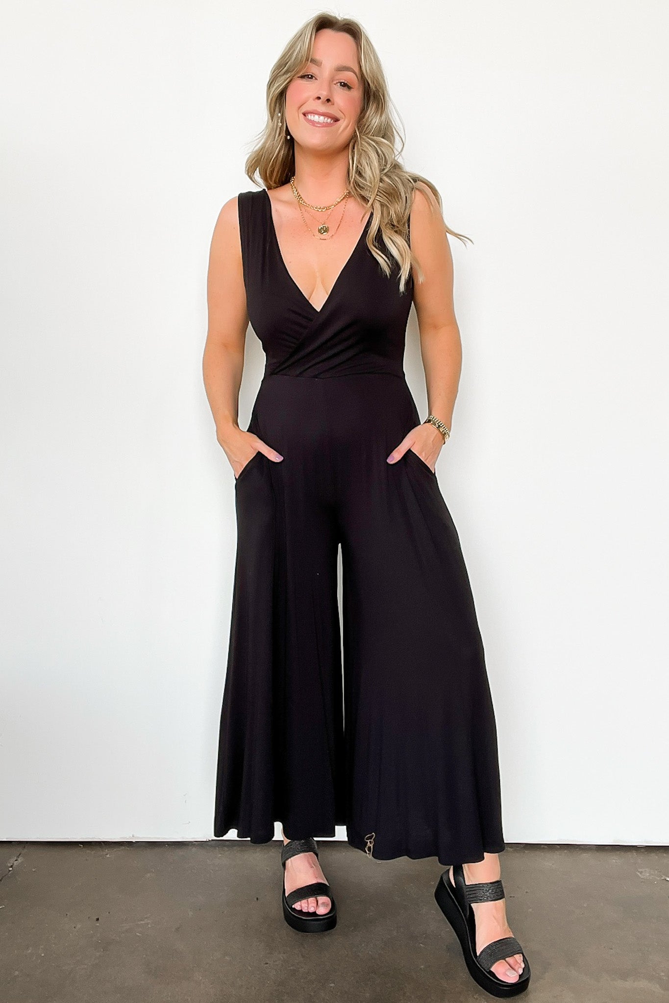Black / S Luxe Reputation Surplice Wide Leg Jumpsuit - Madison and Mallory