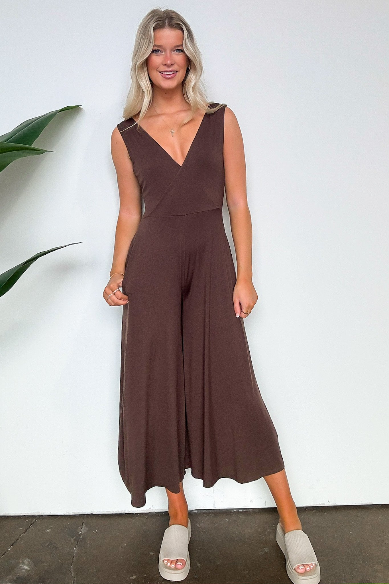 Brown / S Luxe Reputation Surplice Wide Leg Jumpsuit - Madison and Mallory