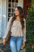 S / Taupe Luxe Whisper Pleated Lace Babydoll Blouse - FINAL SALE - Madison and Mallory