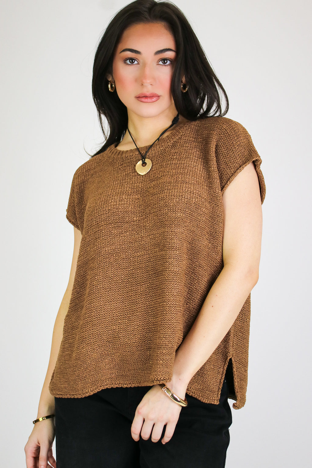 Deep Camel / S Luxe Appeal Relaxed Crew Neck Knit Top - Madison and Mallory