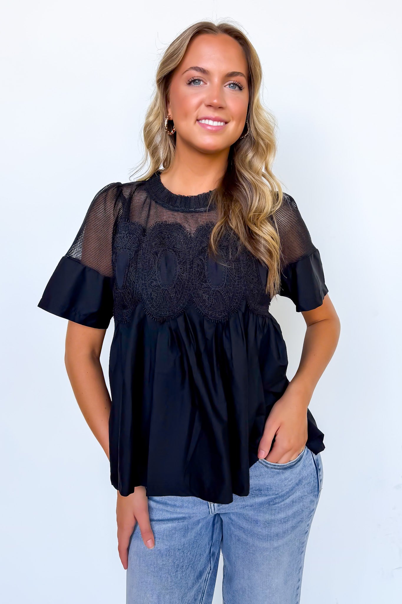 Black / S Luxe Petal Mesh Applique Flowy Top - Madison and Mallory