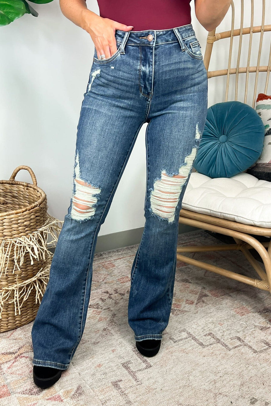 0 / Medium Denim Lydia Distressed Flare Jeans - Judy Blue - BACK IN STOCK - Madison and Mallory