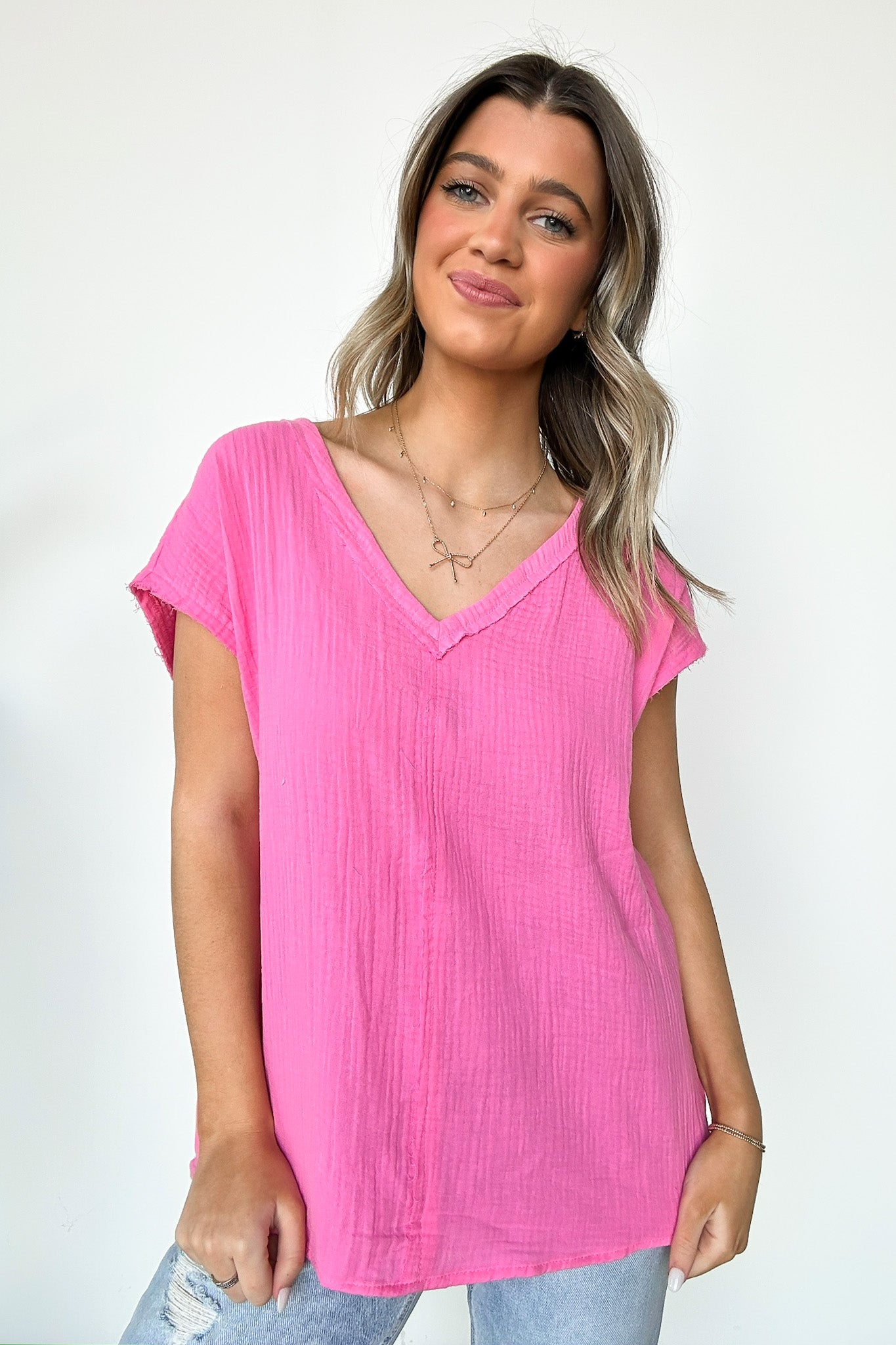 Pink Cosmos / S Lynde V-Neck Top - FINAL SALE - Madison and Mallory