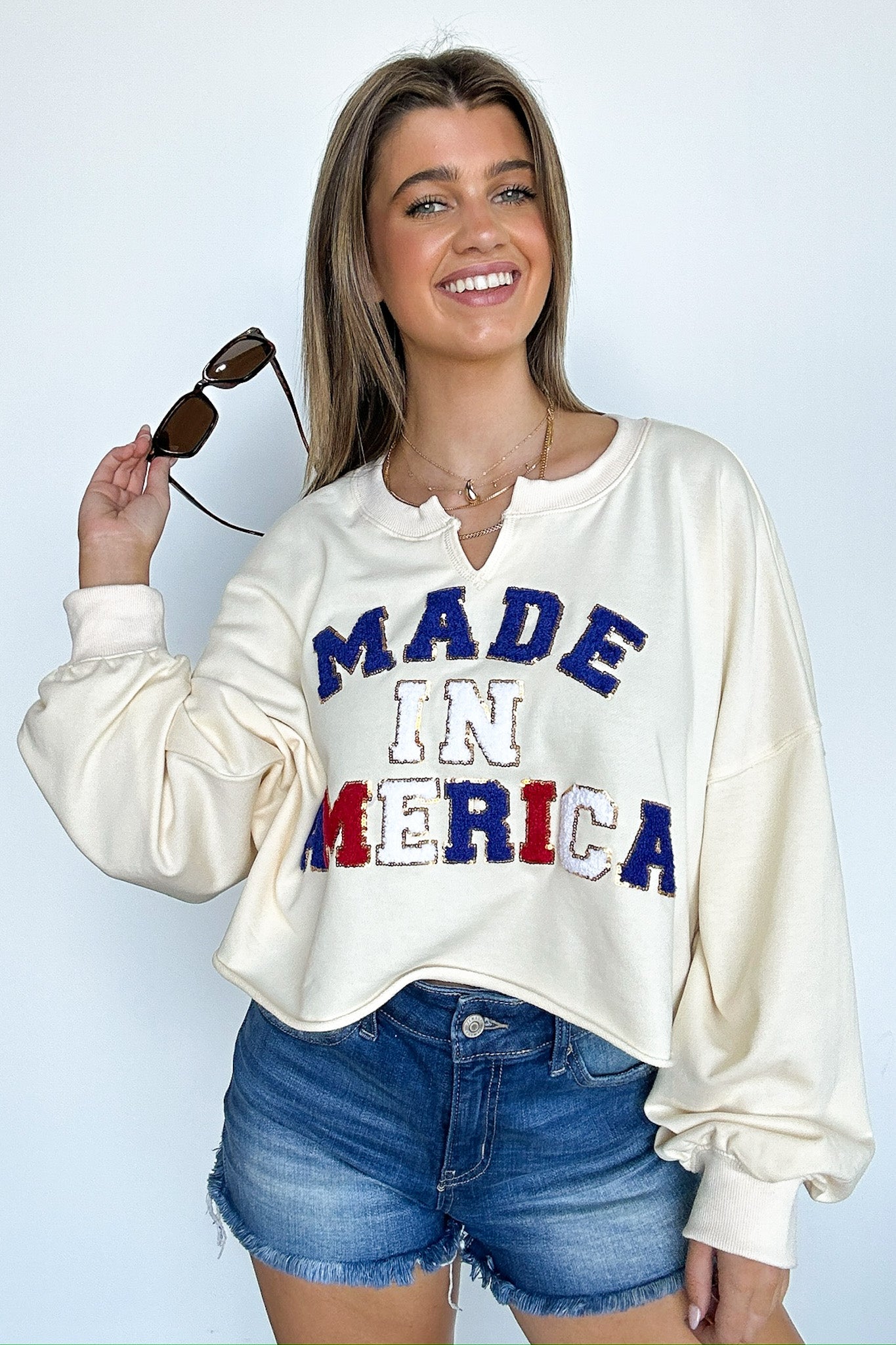 Cream / S Made In America Graphic Patch Pullover - FINAL SALE - Madison and Mallory