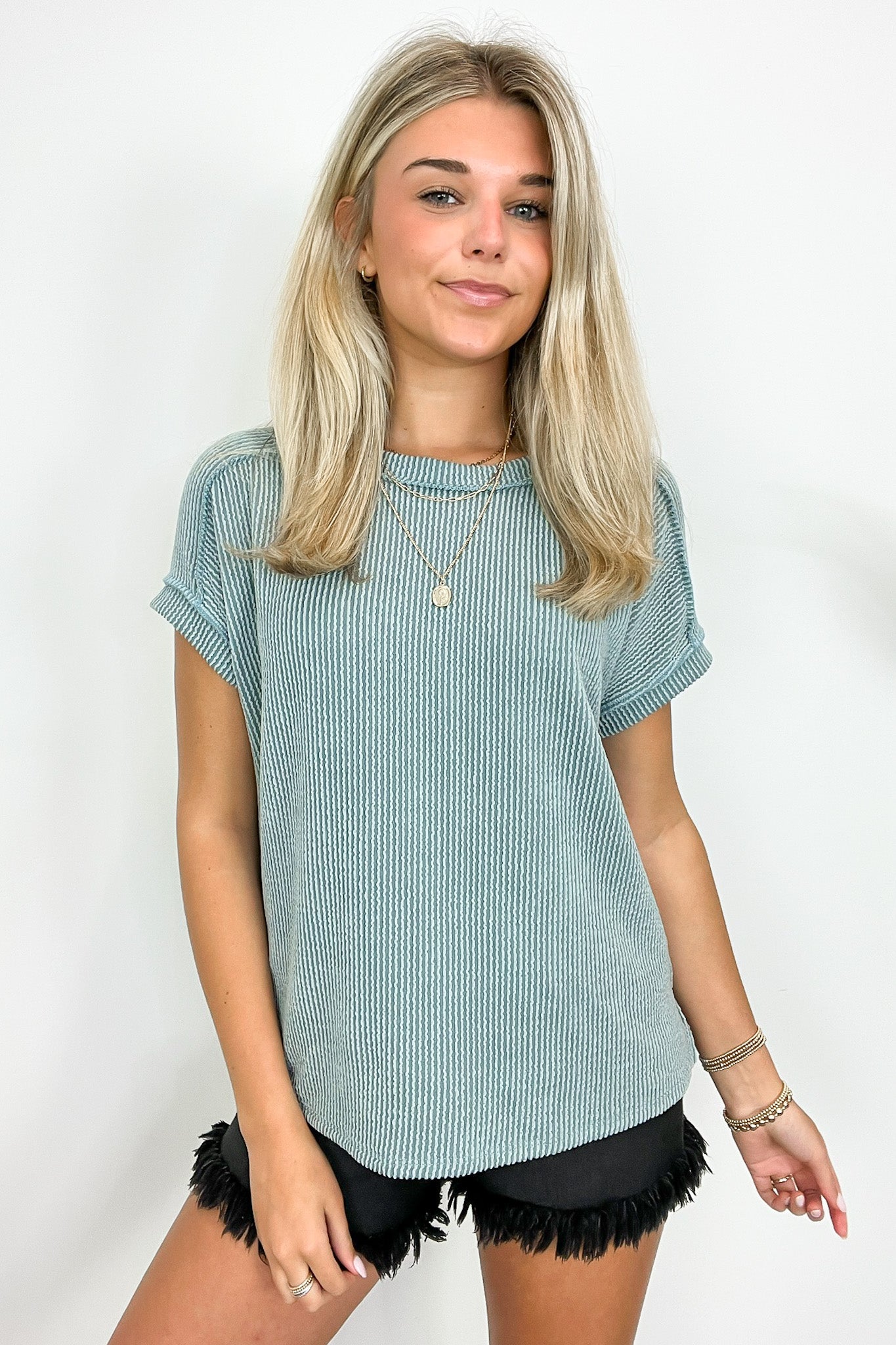 Denim Blue / S Manzanillo Rib Knit Drop Shoulder Top - BACK IN STOCK - Madison and Mallory