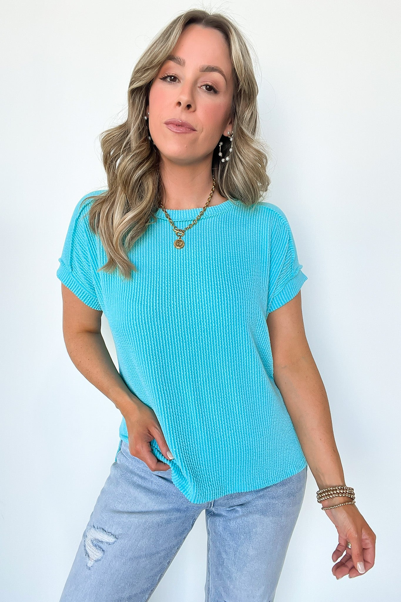 Turquoise / S Manzanillo Rib Knit Drop Shoulder Top - BACK IN STOCK - Madison and Mallory