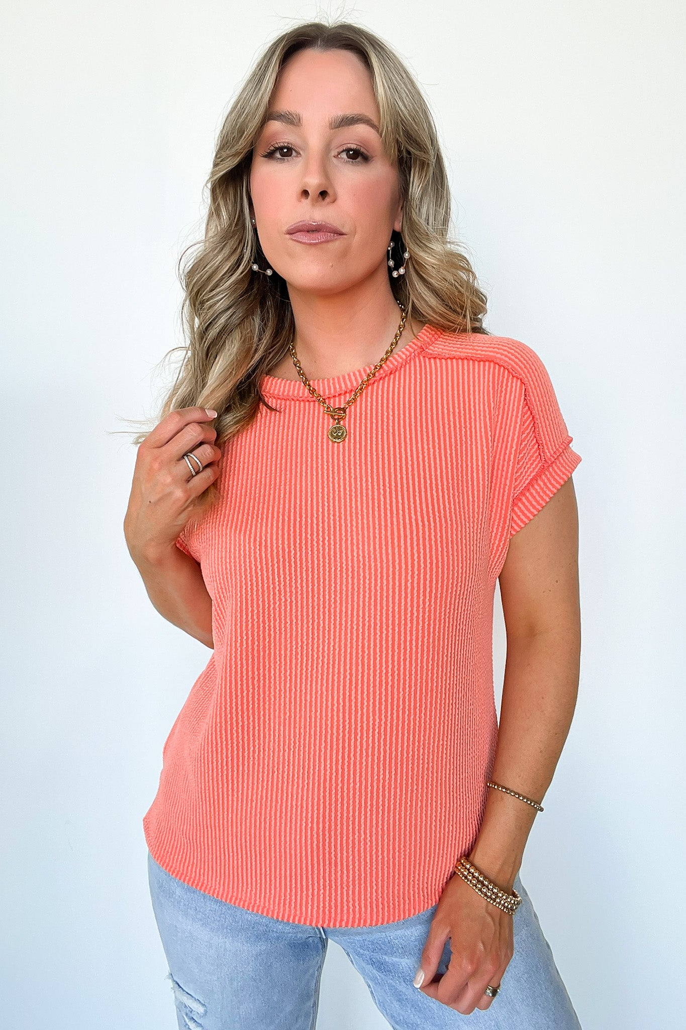 Coral / S Manzanillo Rib Knit Drop Shoulder Top - BACK IN STOCK - Madison and Mallory