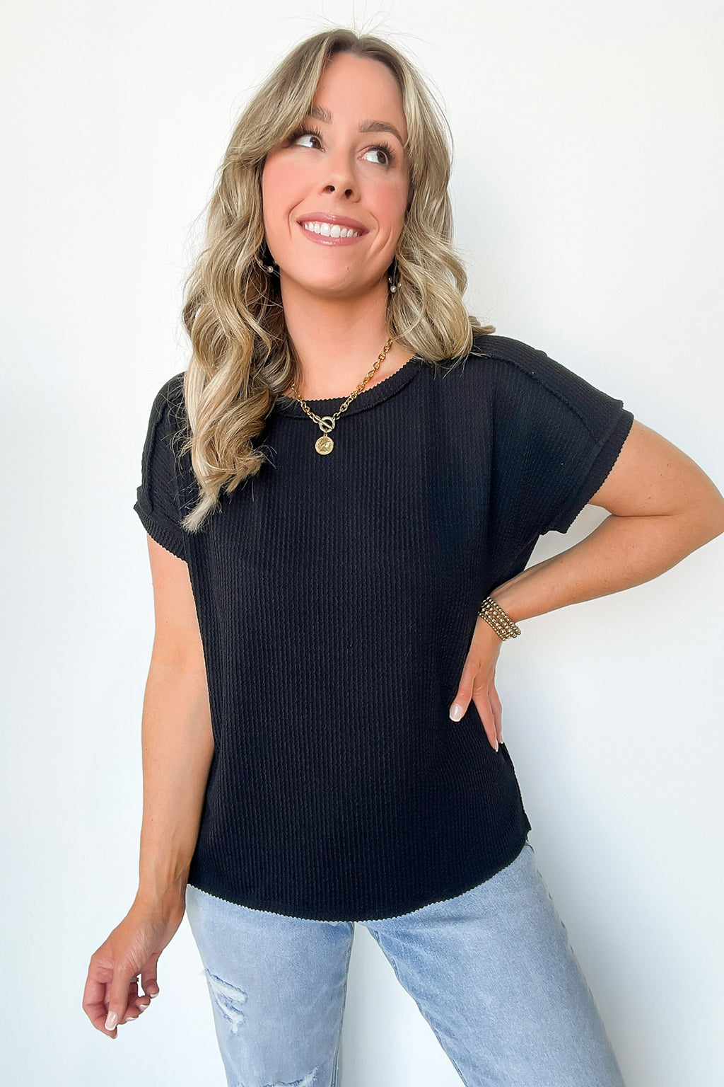 Black / S Manzanillo Rib Knit Drop Shoulder Top - FINAL SALE - Madison and Mallory