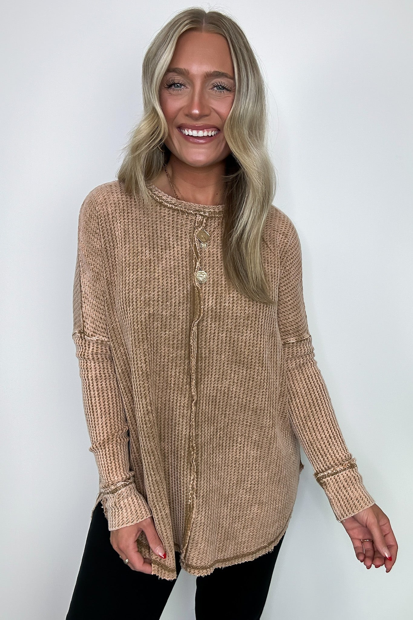 Deep Camel / SM Marbella Mineral Washed Waffle Knit Long Sleeve Top - BACK IN STOCK - Madison and Mallory