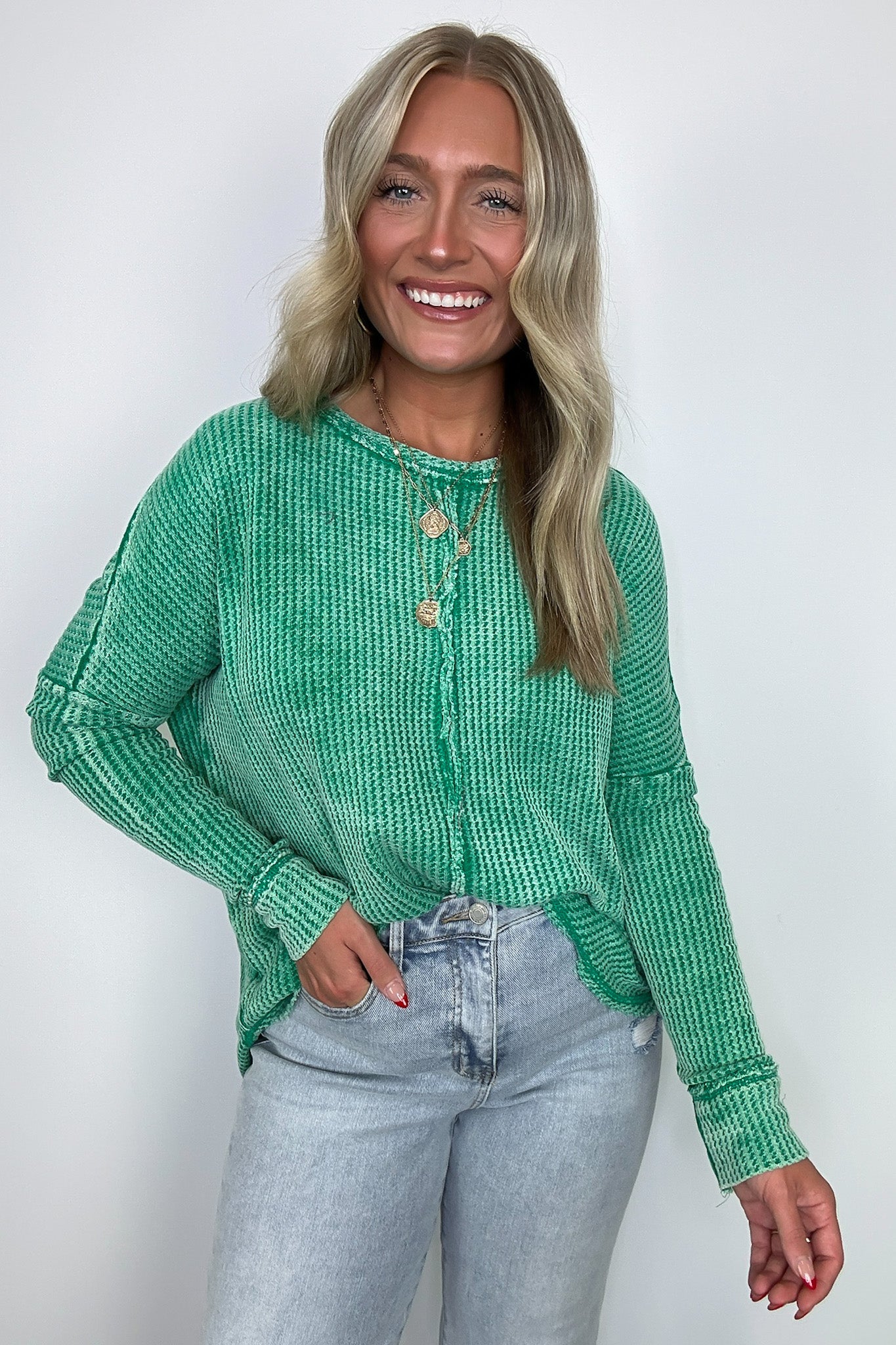 Kelly Green / SM Marbella Mineral Washed Waffle Knit Long Sleeve Top - BACK IN STOCK - Madison and Mallory