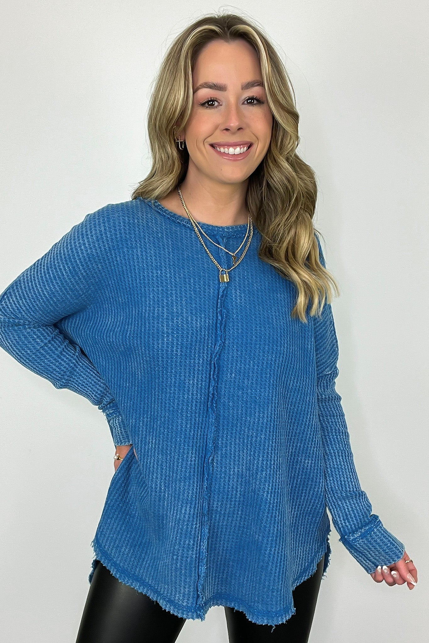 Blue Washed Waffle Top