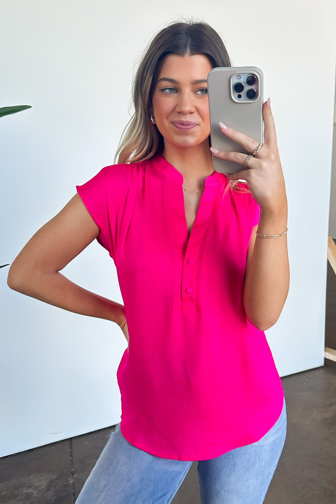 Fuchsia / S Marciah Drop Shoulder Button Front Top - Madison and Mallory