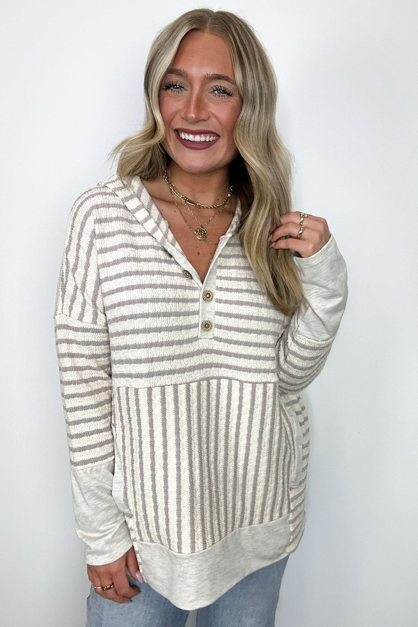 Cream/Taupe / S Margo Striped Hooded Pullover - Madison and Mallory