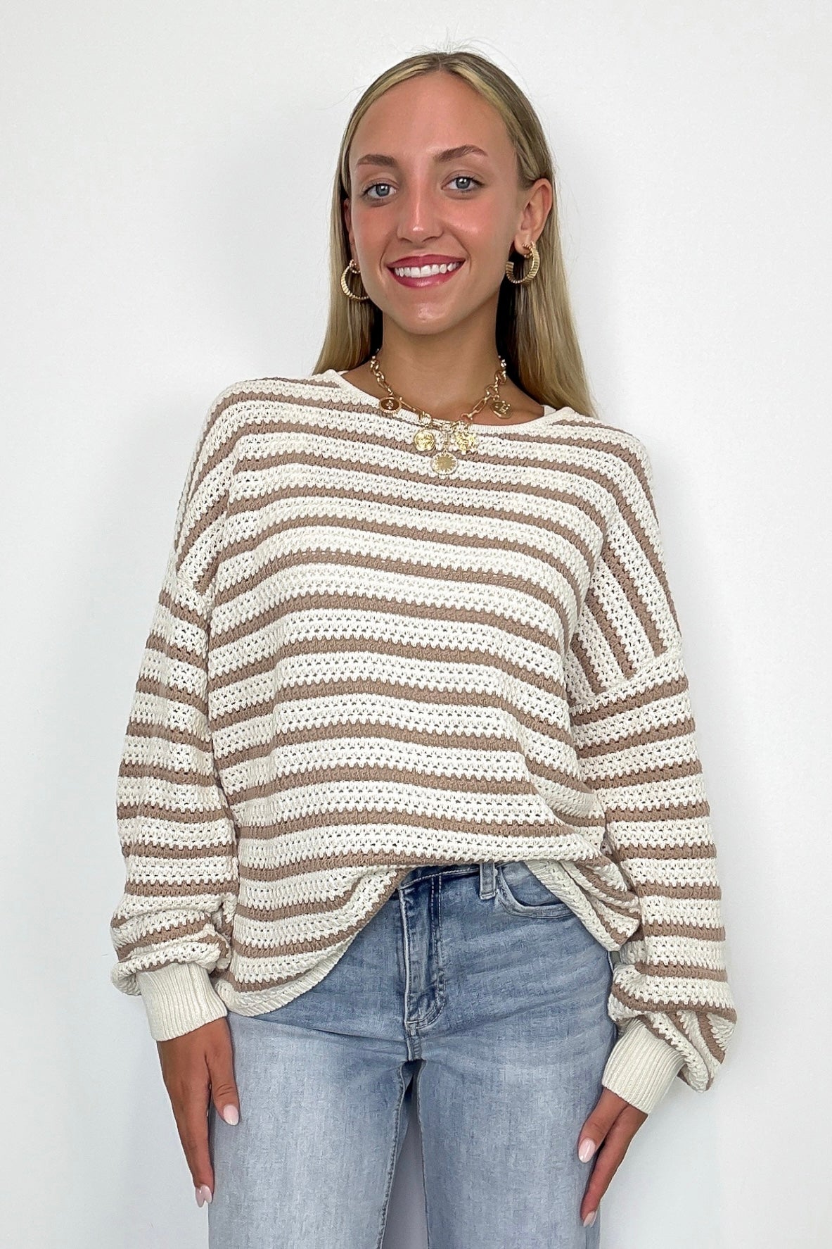 Taupe / S Marianna Striped Knit Relaxed Sweater - FINAL SALE - Madison and Mallory