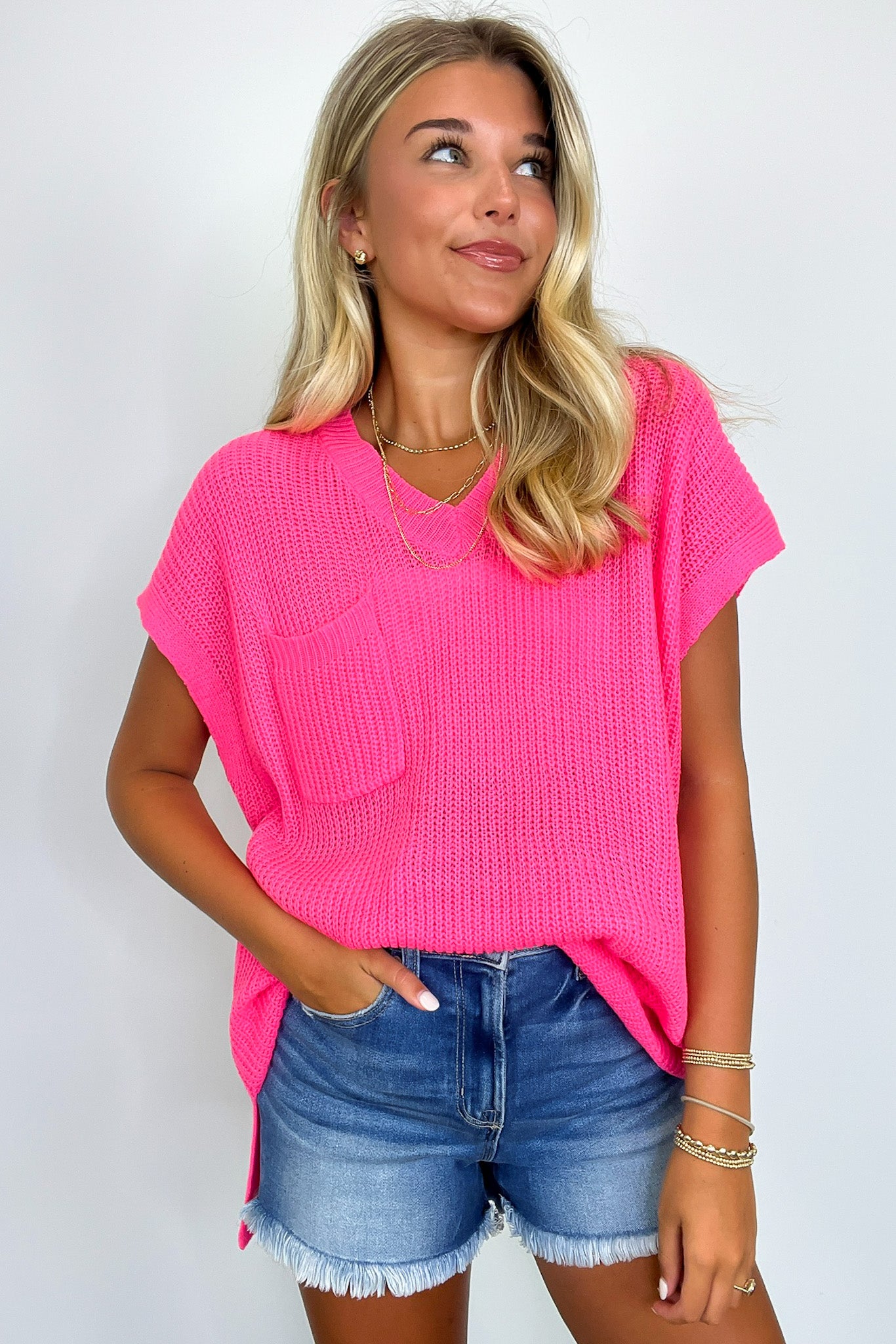 Fuchsia / S Marieka V-Neck Knit Pocket Top - FINAL SALE - Madison and Mallory