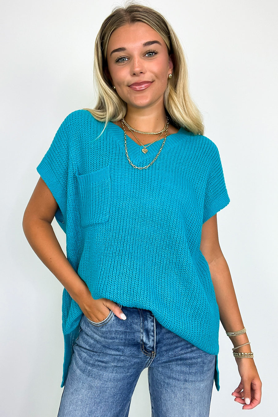 Turquoise / S Marieka V-Neck Knit Pocket Top - FINAL SALE - Madison and Mallory