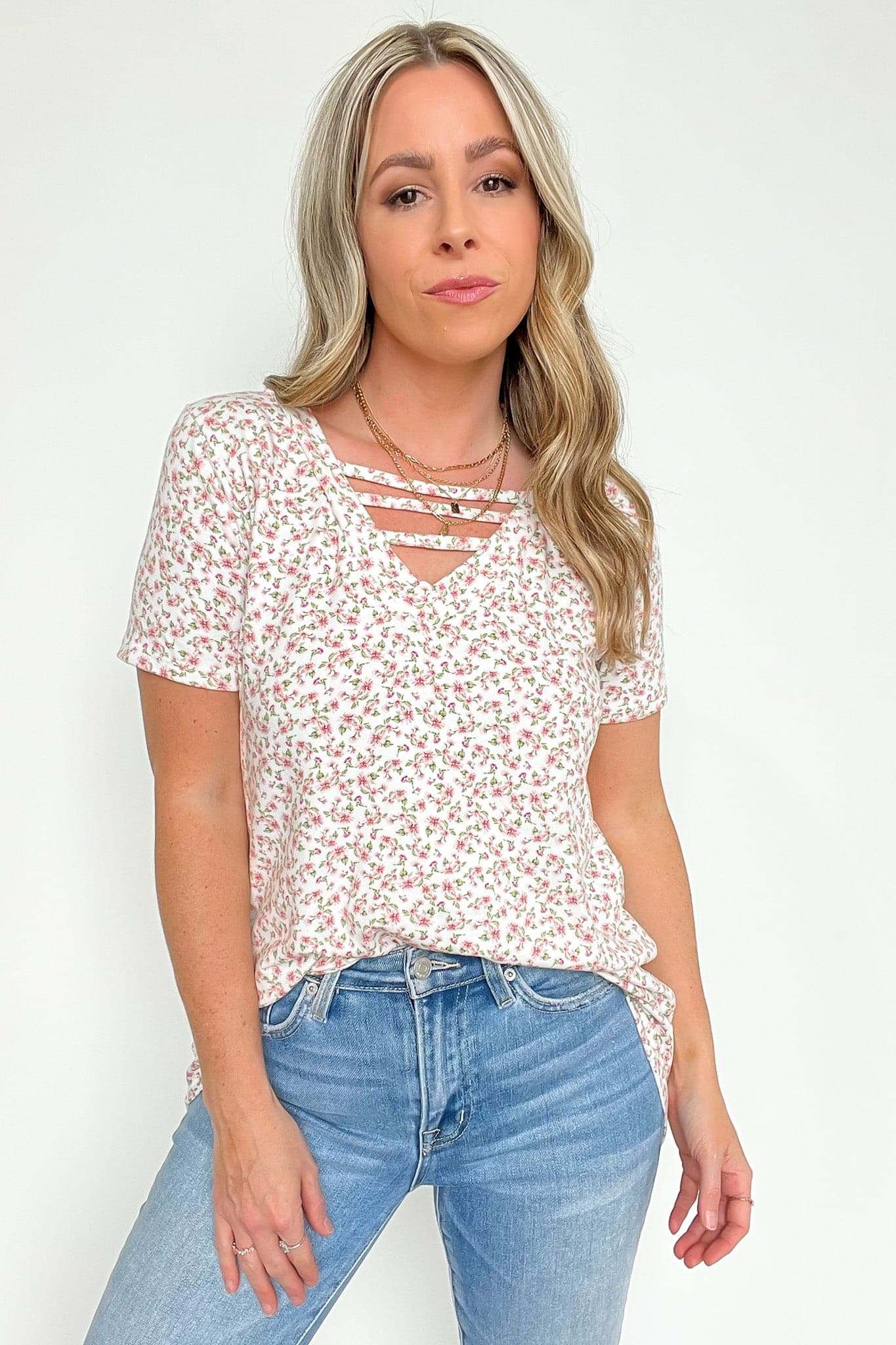  Marielah Cutout Ladder V-Neck Floral Top - FINAL SALE - Madison and Mallory