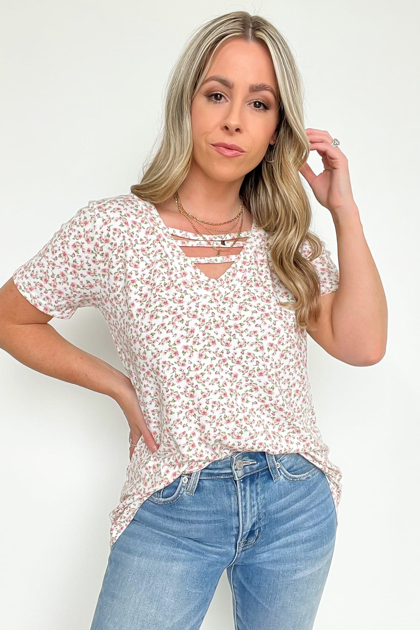  Marielah Cutout Ladder V-Neck Floral Top - FINAL SALE - Madison and Mallory