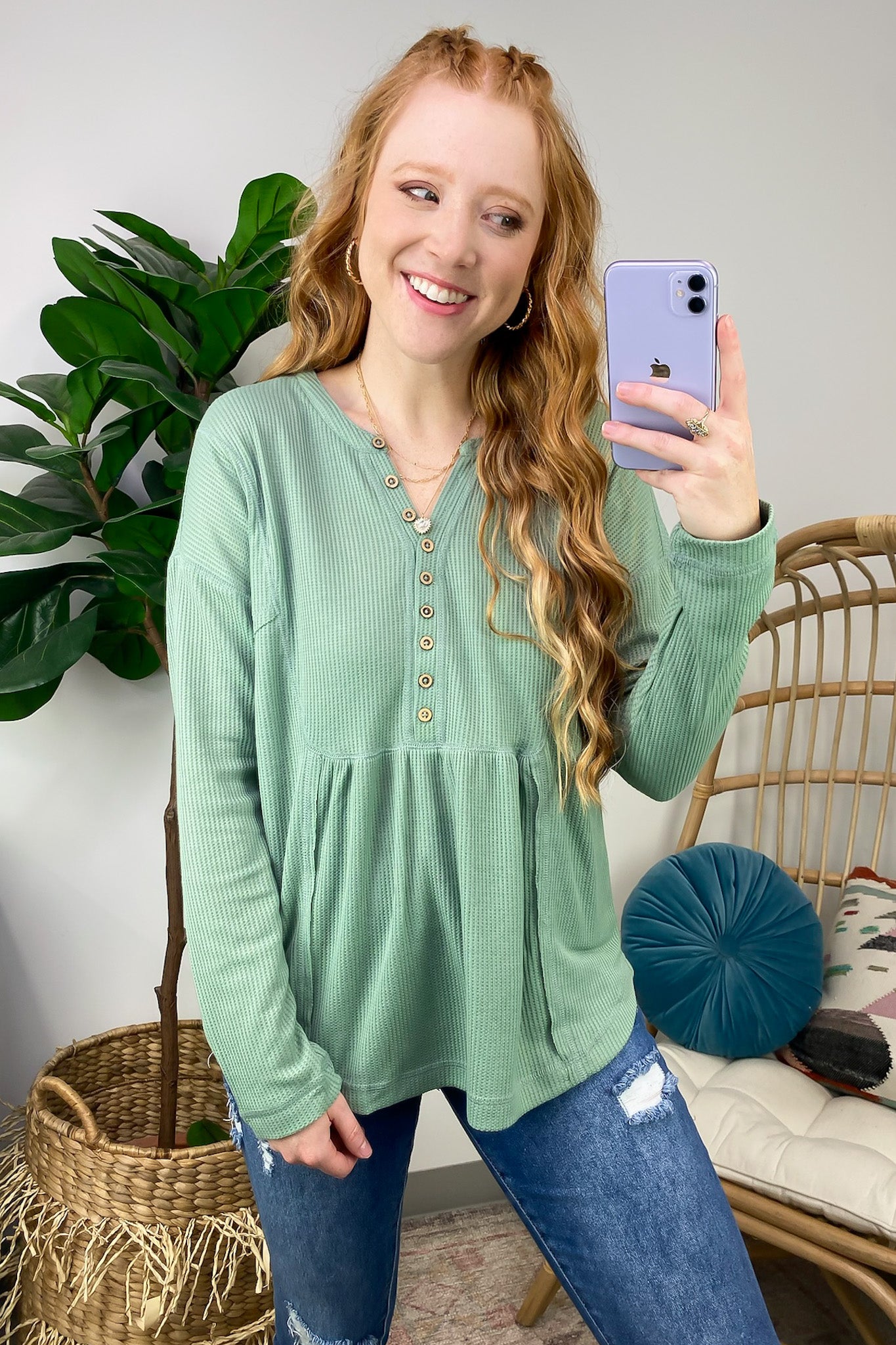 Sage / S Marilynn Waffle Knit Henley Top - BACK IN STOCK - Madison and Mallory