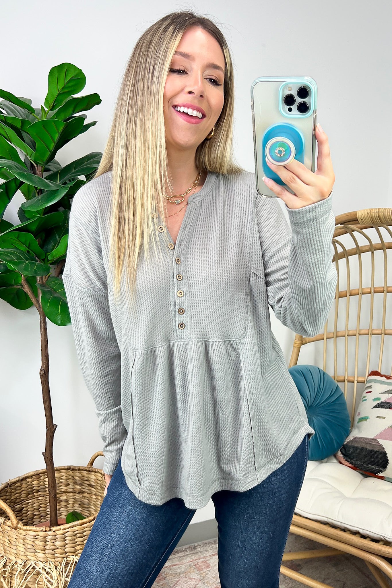 Gray / S Marilynn Waffle Knit Henley Top - BACK IN STOCK - Madison and Mallory
