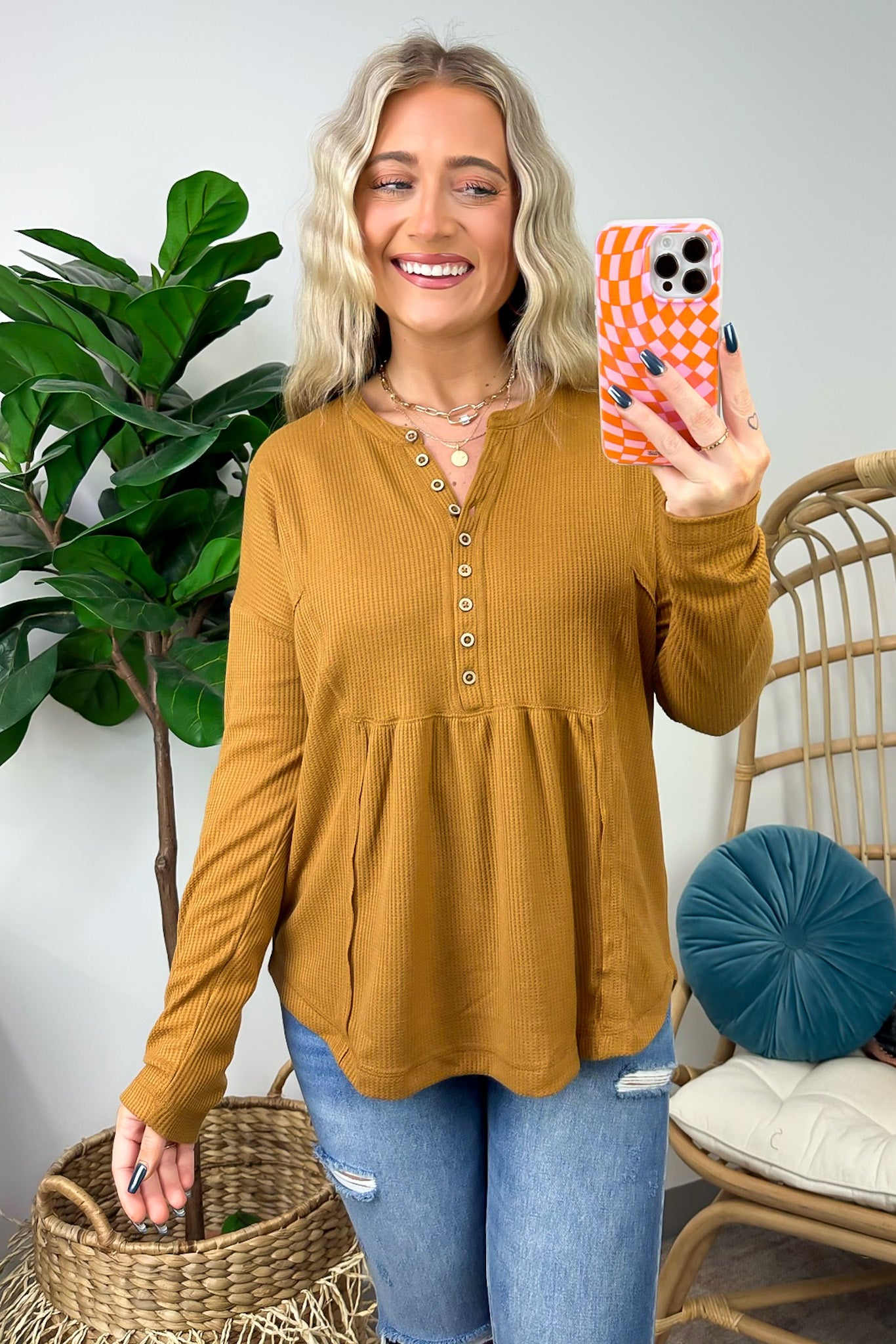 Camel / S Marilynn Waffle Knit Henley Top - BACK IN STOCK - Madison and Mallory