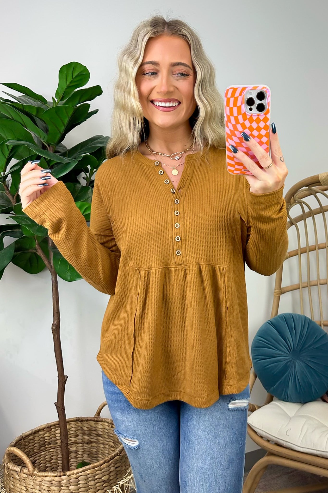  Marilynn Waffle Knit Henley Top - BACK IN STOCK - Madison and Mallory