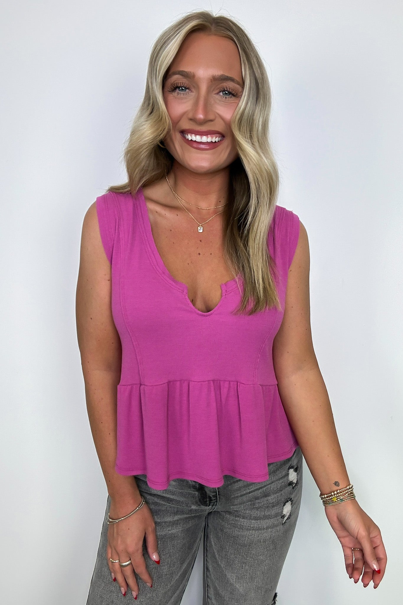 Berry / S Marin Notch V-Neck Babydoll Tank Top - FINAL SALE - Madison and Mallory