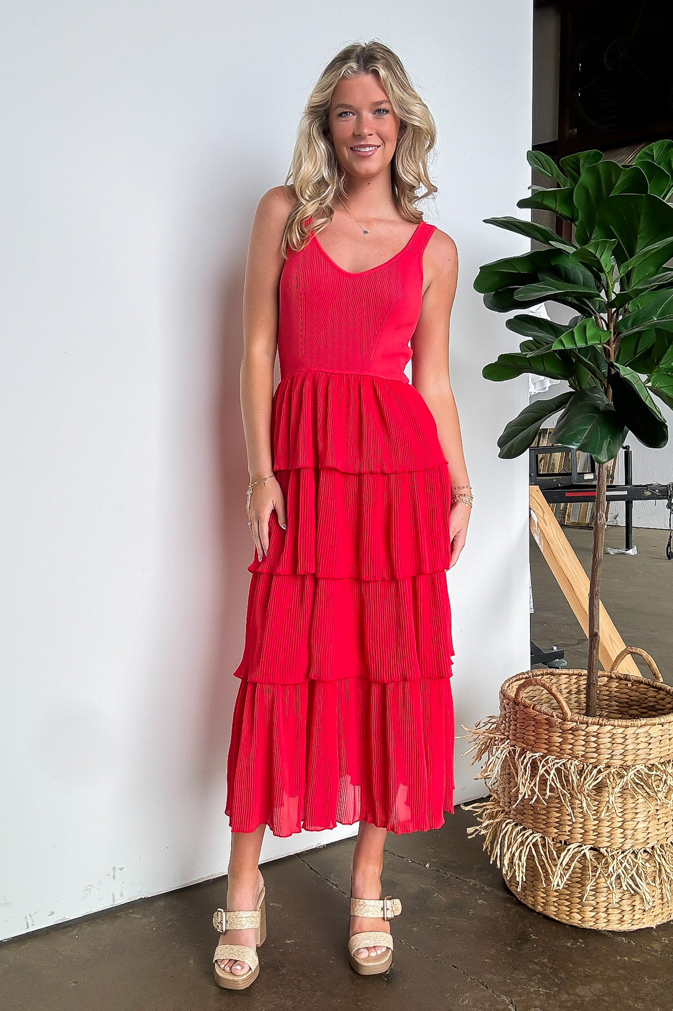 Marinette Pleated Tiered Midi Dress - Madison and Mallory